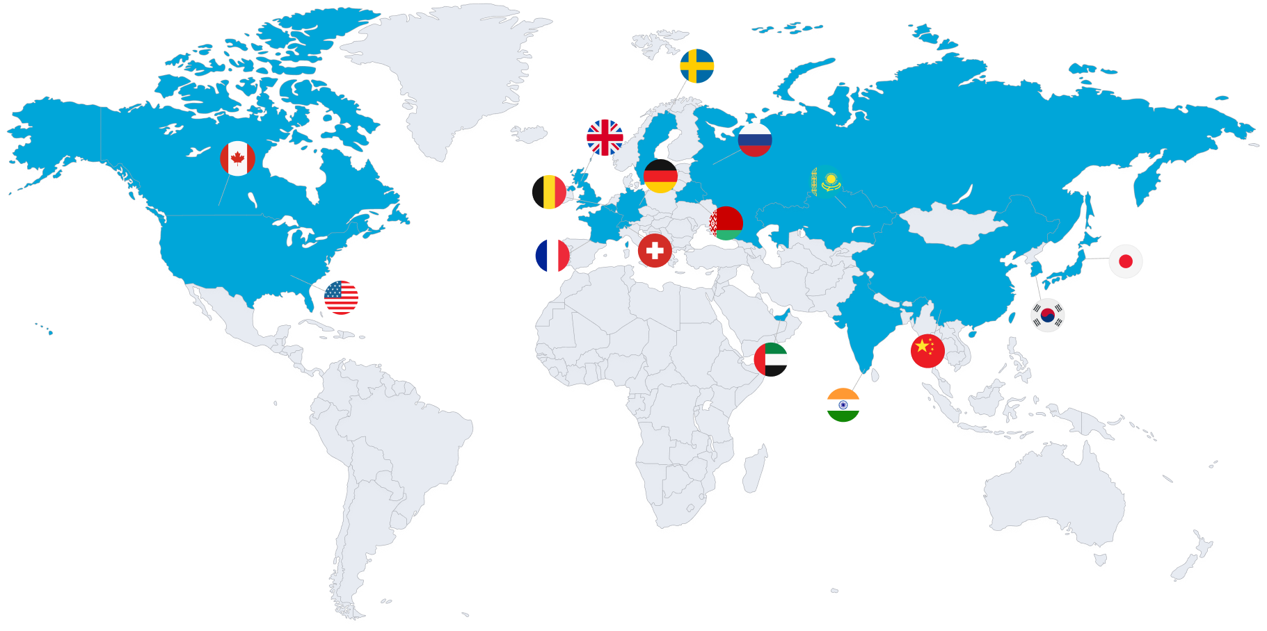 World map highlighting Amedeo export destinations